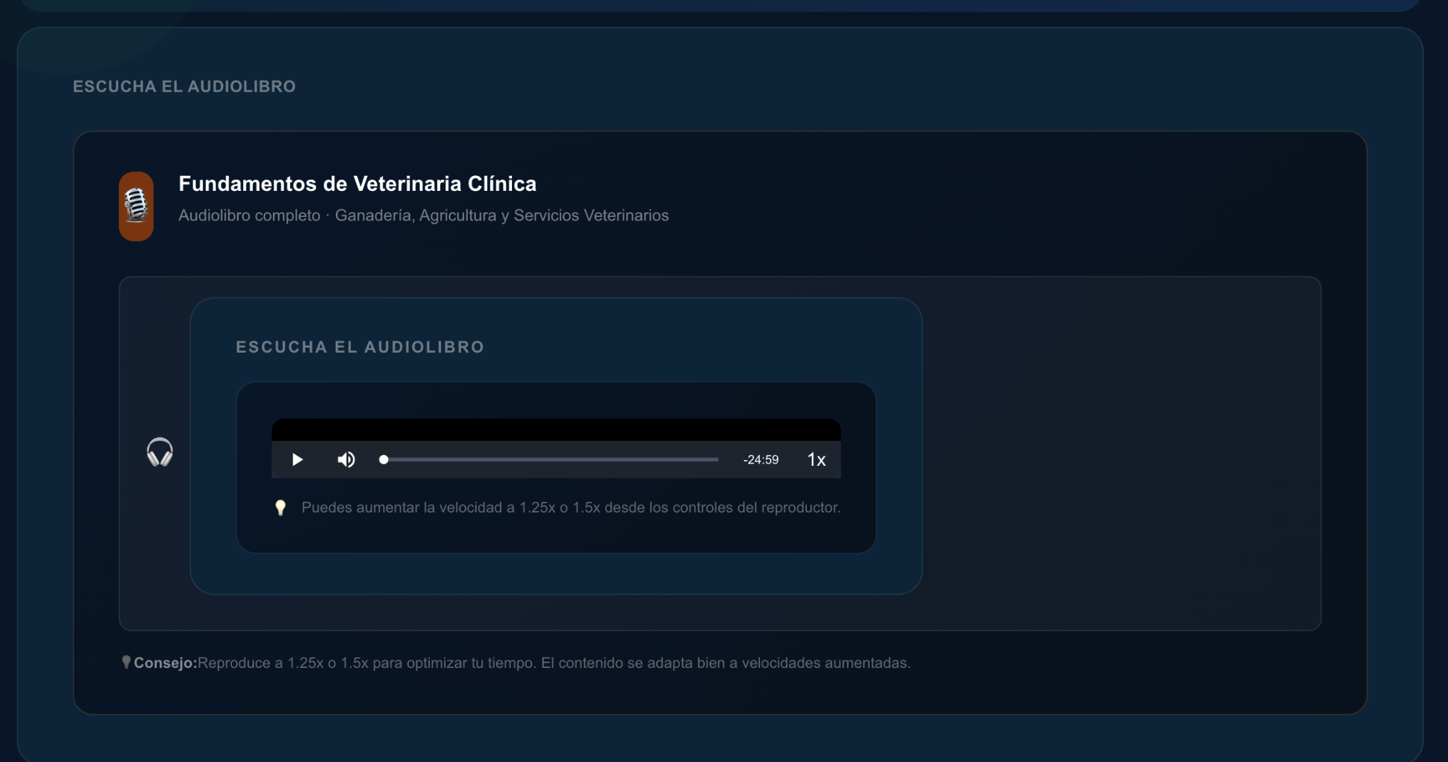 Versión en audio del curso: reproductor integrado que permite escuchar el contenido del curso