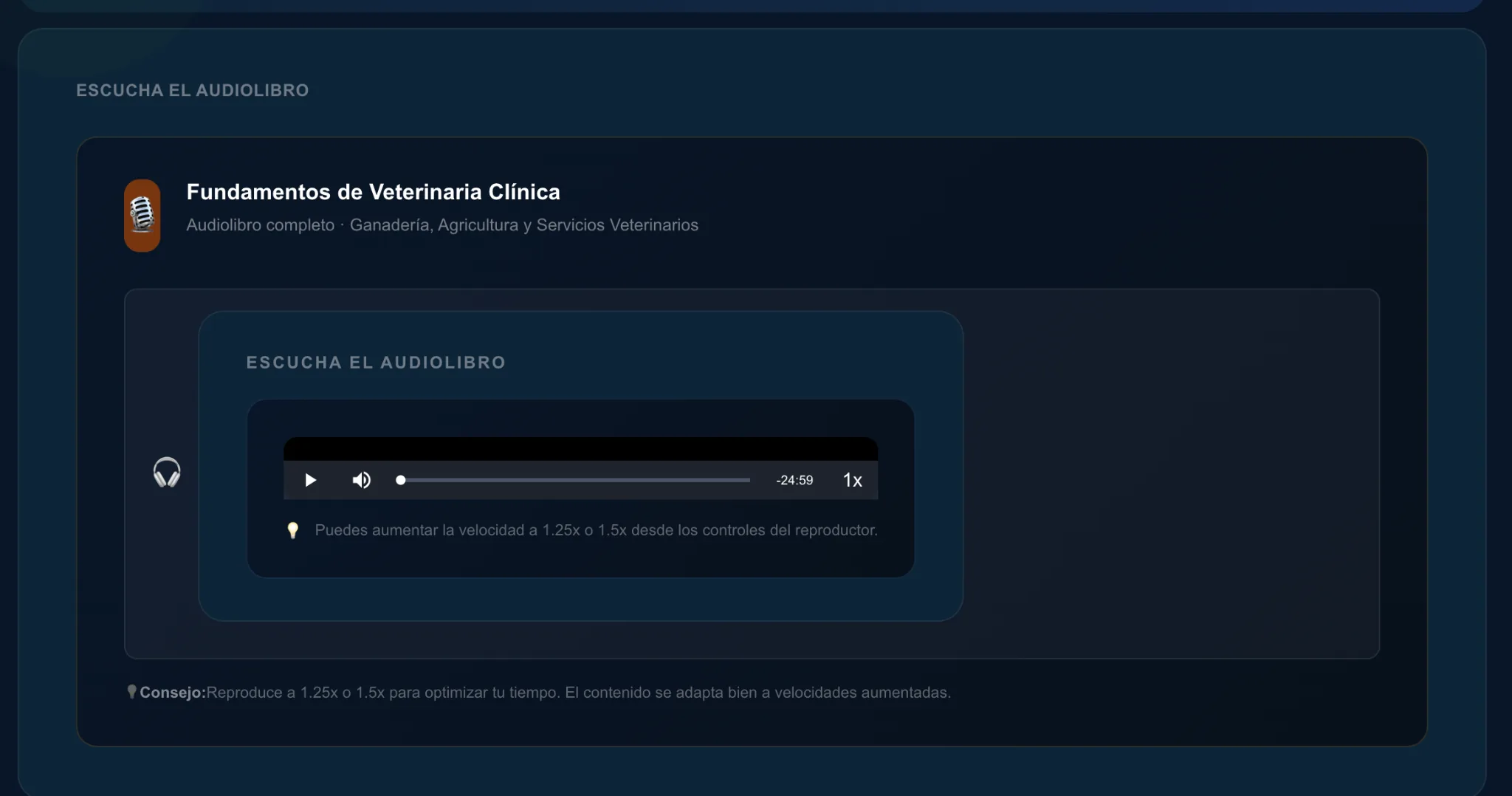 Versión en audio del curso: reproductor integrado que permite escuchar el contenido del curso
